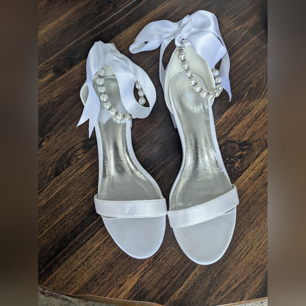 Lulu's White Satin Sandals with Pearl Accents